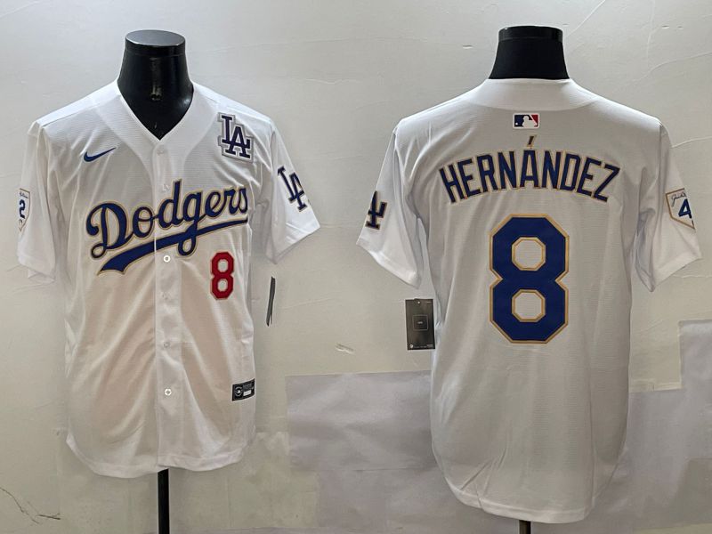 Men Los Angeles Dodgers #8 Hernandez White Gold Game 2025 Nike MLB Jersey style 3134